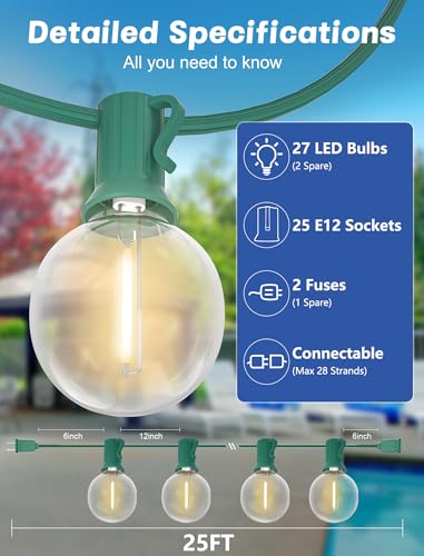 SUNSGNE 25Ft Round Christmas Lights Outdoor, G40 Globe String Lights with 27 LED Clear Lights(2 Spare), Green Wire String Lights for Yard Patio Porch Tent Pergola Backyard Christmas Decorations - color: Warm White-Green, size: 25FT