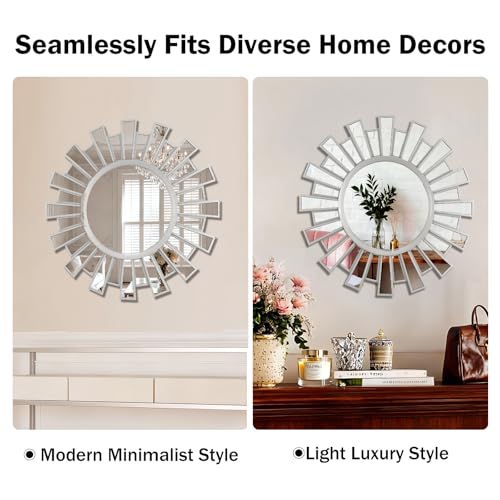 23.6" Sunburst Round Mirror, Silver Sun Decorative Wall Mirror, Design for Fireplace Mantel Foyer Entryway Bedroom, Modern Glam Sunflower Wall Art | Easy Hanging Wall Decor for Living Room - color: Sliver