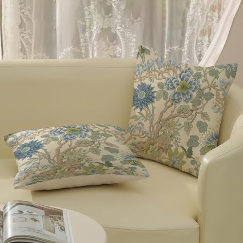 Chinoiserie Throw Pillow Covers 16x16 Inch 2 Pcs Sage Green Blue Floral Decor Pillow Covers Vintage Flower Spring Summer Outdoor Seasonal Decorative Pillowcase Linen Cushion Cover for Couch - color: Chinoiserie Blue Green Floral, size: 16" x 16" (Pack of