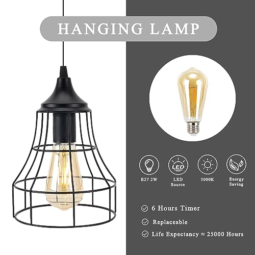 JHY DESIGN Hanging Lamp Black Battery Powered Decorative Pendant Lamp Metal Cage Battery Lamp with 6 Hours Timer for Bar Bedroom Garden Parties Patio Indoor Outdoor Living Room(Geometry) - size: 9.5 inches, Geometry