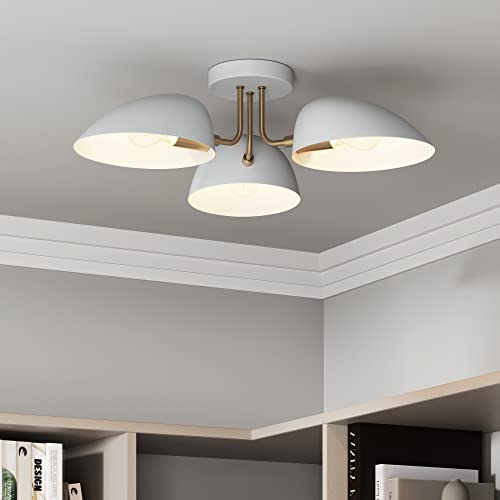 Nathan James Argo Semi Mount Flush Ceiling Light, 3-Lights Modern Retro Lighting with White Rounded Shades for Hallway, Dining Room and Bedroom, Brass Gold/White - color: Brass Gold/White, size: 1