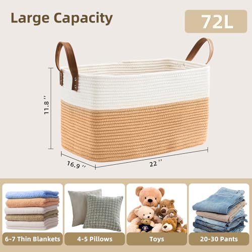 BOLDMONKEY 72L Laundry Basket with Leather Handles,Woven Cotton Rope Blanket Basket,Toy Bin for Baby Room,Laundry Hampers for Bedroom, Living Room,Bathroom,22"x17"x11.8" Khaki - color: Khaki, size: 72L