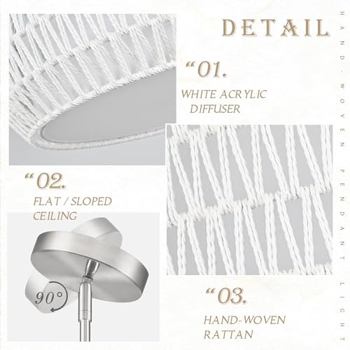 23 inch White 5 Light Rattan Chandelier Rattan Farmhouse Light Fixture Woven Pendant Lights Fabric Shade Boho Chandelier for Kitchen Dinning Room - color: 23"-White-Drum