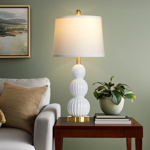 28" White Ceramic Table Lamps Set of 2, Modern Bedside Lamps for Night Stands, Triple Gourd Table Lamp for Living Room End Table or Bedroom Nightstand (2 LED Bulbs Included) - color: White - 28"H
