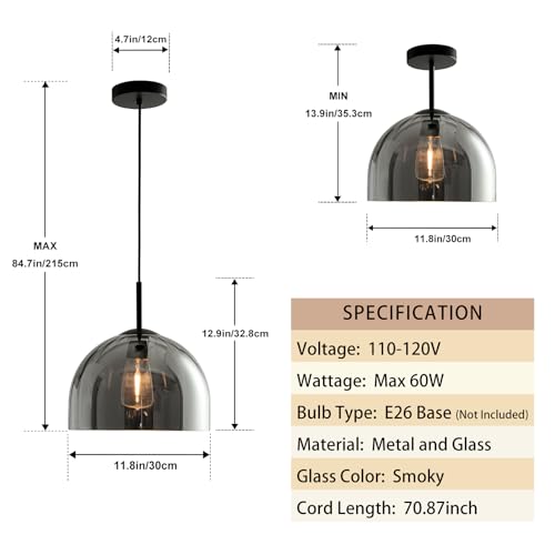Modern Dome Pendant Lighting Fixtures, 11.8 Inch Large Dome Boho Chandelier, Rustic Farmhouse Industrial Hanging Lamp Ceiling Lights with Grey Glass Bell Lampshade for Kitchen Island - color: Smoke Grey, size: 30CM
