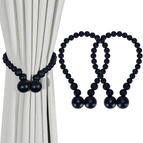 KLOGTSIND Magnetic Curtain Tiebacks, Curtain Tie Backs for Curtains 2 Pack, Wood Bead Curtain Tiebacks, Curtain Holders for Boho Bedroom Decor, Baby Nursery Decor, Farmhouse Decor - color: Black