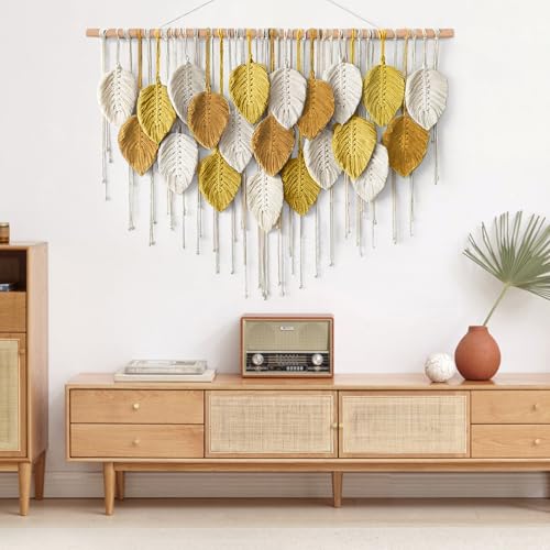 KHOYIME Large Macrame Wall Hanging Boho Woven Tapestry, Bohemian Farmhouse Handmade Yellow Leaf Feather Wall Art Chic Modern Home Decoration for Living Room Bedroom Nursery Dorm Backdrop 39"W X 29.5"L - color: Yellow Brown-39"W x 29.5"L