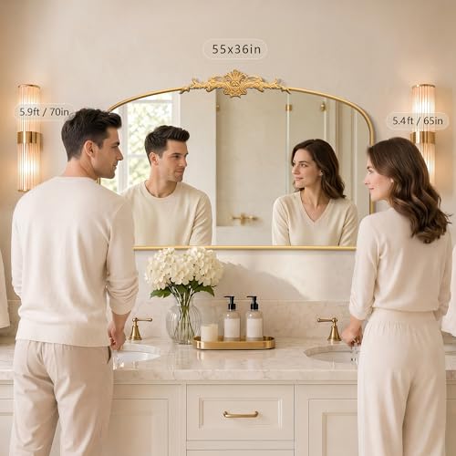 Besdomus Ornate Arched Large Mirror: 55"x36" French Gold Vintage Vanity Mirror - Overmax Baroque Decorative Traditional for Bathroom Remodel - Great for Fireplace/Entryway/Living Room/Bathroom - color: Gleaming Gold, size: 36"L x 55"W