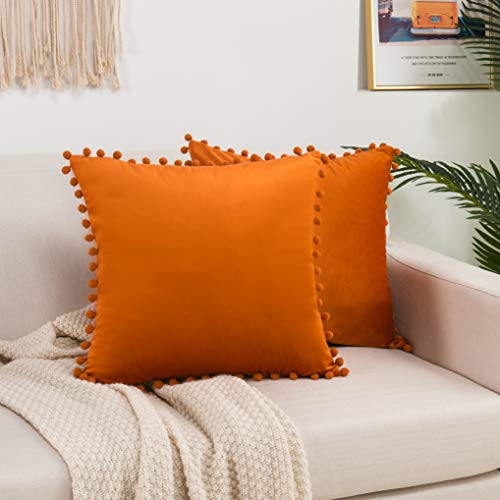 Elegant Comfort POM-POMS Fringe Velvet Cushion Covers Set of 2, Velvet Soft Solid Decorative Square Throw Pillow Covers Set Cushion Case for Couch Bed, Livingroom 18 x 18 Inch (45 x 45 cm), Orange - color: Orange, size: 18" x 18" (Pack of 2)
