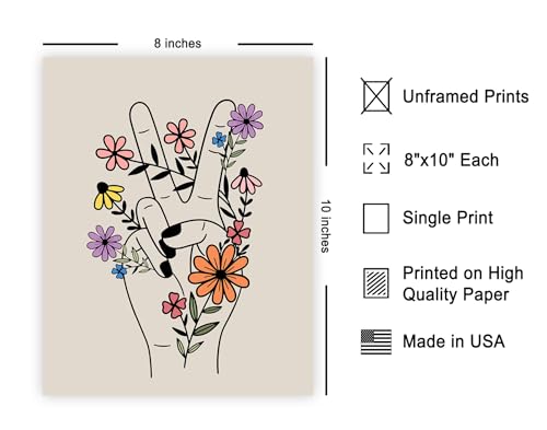 Poster Master Peace Hand Print - Retro Flower Poster - Hippie Peace & Love Art - Preppy Floral Wall Design - Chic Boho Art - Trendy Office or Living Room Wall Decor - 8x10 UNFRAMED Wall Art - color: Style-14, size: 8"L x 10"W