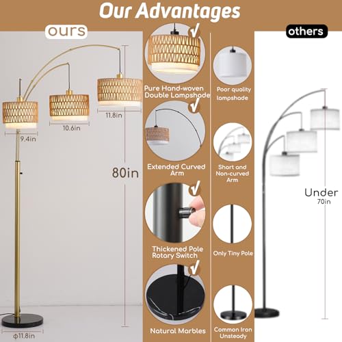 Gold Rattan Floor Lamp for Living Room, 80 Inch Tall Boho Floor Lamp with Rotary Switch, 3 Lights Arc Lamp with Wicker Shade for Coastal,Bohemian,Tree Farmhouse Standing Lamp - color: Rattan+Gold