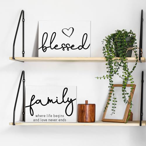 Jetec 3 Pcs Family Home Blessed Rustic Wood Sign Mini Wood Decorative Farmhouse Woodworks Table Shelves Decorations Sign for Bedroom Kitchen Living Room Table Decor(White,5 x 7 x 0.59 in) - color: White, size: 7 x 5 x 0.59 in
