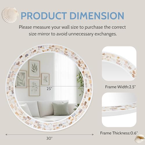 Tanmicoshomy Round Wall Mirror 30 Inch, Natural Brown Shell Framed Circle Mirrors with Tempered Glass for Bathroom Bedroom Living Room or Entrayway - color: Brown, size: 30"L x 30"W