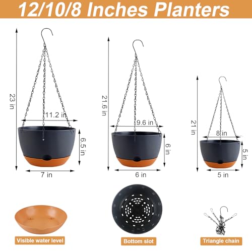 KPUVX 8/10/12 inch Plant Pot Hanging Planters Self Watering Pots for Indoor Plants, 3 Pack Plastic Hanging Basket with Removable Tray for Home Garden Porch Balcony Patio Decor(Black) - color: Black, size: 8/10/12 inch