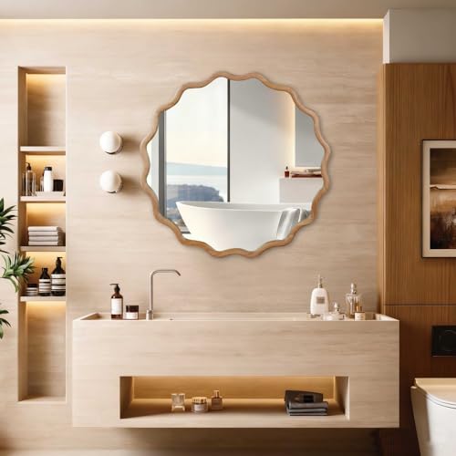 36" Wavy Round Wall Mirror with Solid Wood Frame, Country Irregular Decorative Mirror for Bathroom, Bedroom, Living Room & Entryway, HD Tempered Glass, No Distortion Vanity Mirror (Natural Wood,36“) - color: Natural, size: 36"L x 36"W