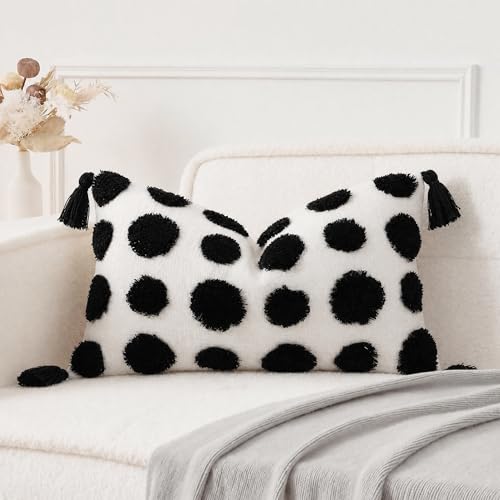 PANOD Super Soft Farmhouse Decorative Plush Throw Pillow Covers 12 x 20 Black,Solid Pom pom Tufted with Tassels Modern Accent Boho Lumbar Cushion Cover Pillow Case for Couch Sofa - color: Black, size: 20" x 12" (Pack of 1)