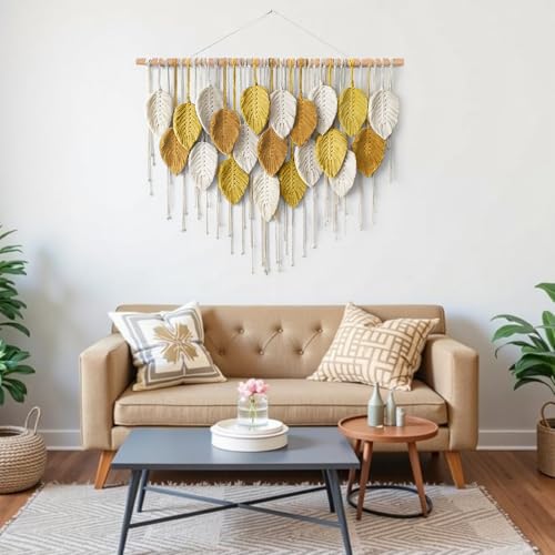 KHOYIME Large Macrame Wall Hanging Boho Woven Tapestry, Bohemian Farmhouse Handmade Yellow Leaf Feather Wall Art Chic Modern Home Decoration for Living Room Bedroom Nursery Dorm Backdrop 39"W X 29.5"L - color: Yellow Brown-39"W x 29.5"L