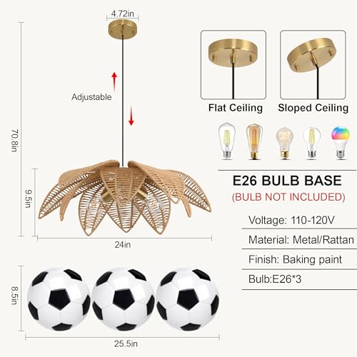 24” Floral Rattan Chandeliers Lights Fixture for Dining Room, 3-Light Large Farmhouse Boho Pendant Lights Fixture, Hanging Hand Woven Wicker Ceiling Lights for Kitchen Island Bedroom Living Room - style: Boho-Flower-24in