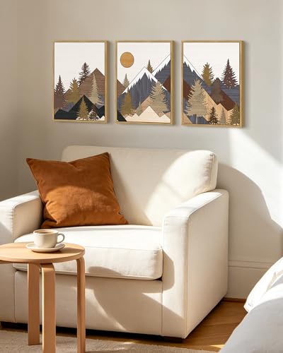KUVIOKE Morden Boho Mountains Framed Wall Art Pine Tree Forest Nature Landscape Artwork Painting Bohemain Farmhouse Rustic Home Decor 11x14in (Natural Framed) - color: Wooden Mountain Froest, size: 11 x 14in x 3 Panels Natural