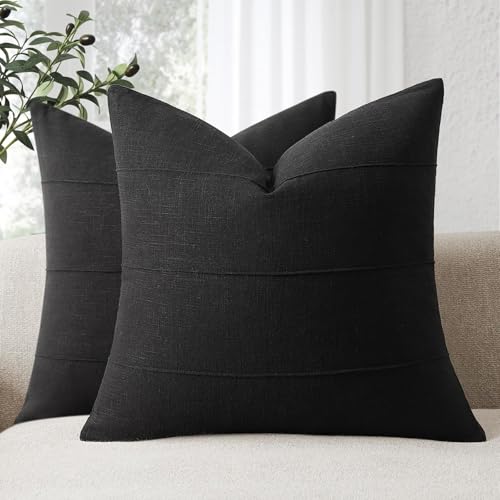 ZWJD Decorative Linen Throw Pillow Covers 16x16 Set of 2 Solid Handcrafted Striped Cushion Covers for Bed Soft Modern Farmhouse Neutral Pillowcase for Couch Bedroom Living Room Home Decor(Black) - color: Black, size: 16" x 16" (Pack of 2)