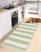 Sage Green Stripes Kitchen Runner Rug 2'x4', Washable Woven Cotton Area Rug with Tassels Bathroom Hallway Rug, Farmhouse White Simple Vertical Striped Entryway Bedroom Rug Non Slip Throw Rug Carpet - color: Sage Green, size: 2 x 4 ft