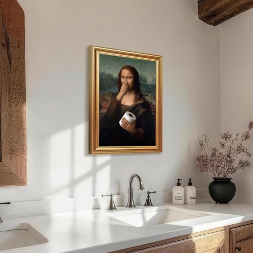 ICHZUMW Gold Framed Funny Mona Lisa Toilet Paper Canvas Wall Art, Quirky Humorous Parody Painting Wall Decor, Ready to Hang for Bathroom Restroom Powder Room, 12x16in - color: Funny Mona Lisa, size: 16"L x 12"W