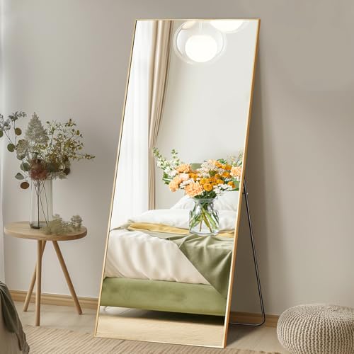 DUMOS 21"x56" Full Length Mirror with Stand, Floor Standing Aluminum Frame, Shatter-Proof Nano Glass for Bedroom, Living Room, Cloakroom – Modern Simple Home Decor,Can Be Hanging or Leaning, Gold - color: Gold-rect Edge, size: 56"L x 21"W