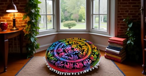 Round Mandala Floor Pillow Cover Seating Cushion Throw Cover Hippie Decorative Bohemian Ottoman Pouf Cover, Pom Pom Pillow Cases,Boho Indian 22 Inches (Multi Up hathi) - color: Multi Up Hathi