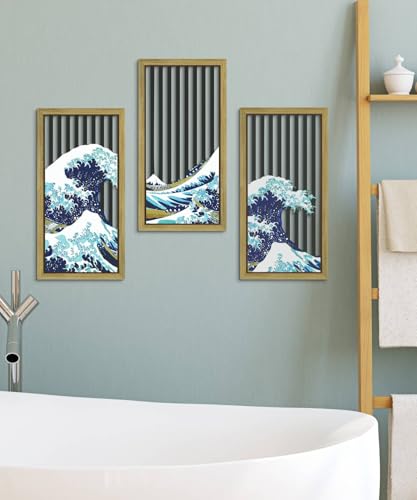 Putuo Decor Japanese Ocean Wave Wall Art, Vintage Framed Wall Decor- The Great Wave off Kanagawa by Hokusai, Nature-Inspired Wall Decorationfor Bathroom, Bedroom, and Living Room - color: Blue Ocean Wave