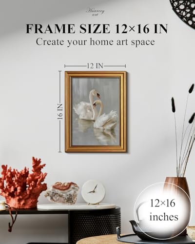 HUARCEY Gold Framed Vintage Wall Art for Living Room, Animals Painting Prints Shelf Decor for Kitchen, Aesthetic Bedroom Wall Art, Best Gifts for Friends or Family - Two Swans 16L x 12W - color: Two Swans, size: 16"L x 12"W