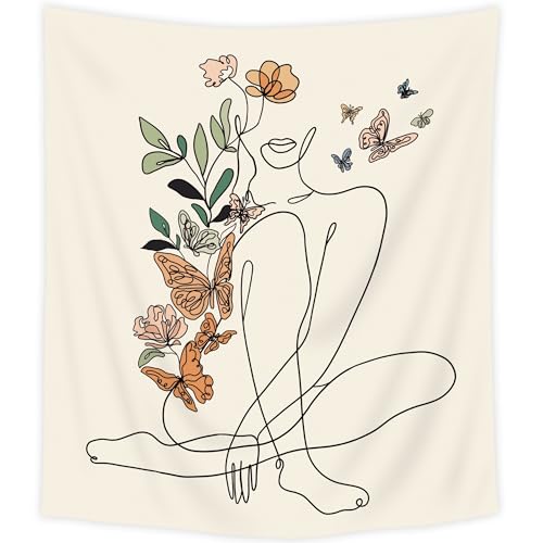 SVBright Abstract Woman Butterfly Fabric Wall Hanging Tapestry 51Wx59H Inch Minimalist Modern Flower Plant Mid Century Terracotta Aesthetic Portrait Beige Home Decor Art for Living Room Bedroom Dorm - color: Beige Woman Sitting, size: 59"L x 51"W
