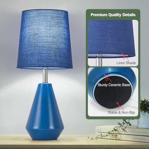 Small Bedside Table Lamp for Bedroom - Reading Desk Lamp with 3 Color Temperatures，15.5" Nightstand Ceramic Lamp with Fabric Shade for Kids Room,Living Room,Dorm,Home Office (Blue) - color: Blue, size: 15.5"