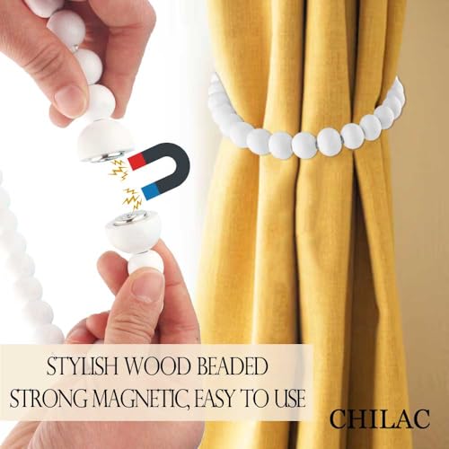White Curtain Tiebacks Wood Bead: Strong Magnetic Boho Curtain Tiebacks Holders, Decorative Curtain Tie Backs Magnetic Curtain Holdbacks for Boho Bedroom Living Room Nursery Decor - color: White