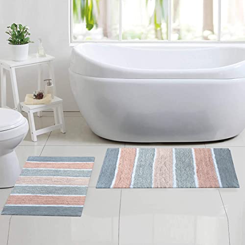 Chardin home Cordural Stripes Bath Mat, Set of 2 Bath Rugs (17 Inches x24 Inches & 21 Inches x34 Inches) | Non Slip Bathroom Rug, Machine Washable, Plush, Highly Absorbent | Grey & Peach/Blush - color: Blush & Grey