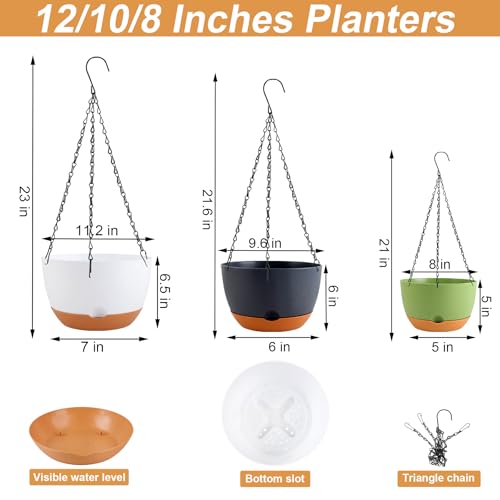 KPUVX 8/10/12 inch Hanging Planters for Indoor Outdoor Plants with Self-Watering Pots, 3 Pack Plastic Hanging Basket with Removable Tray for Home Garden Porch Balcony Patio Decor(White+Black+Green) - color: Multicolor, size: 8/10/12 inch