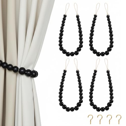 Hion 4 Pcs Boho Curtain Tiebacks,Wood Beads Curtain Holdbacks,Outdoor Farmhouse Tie Backs for Curtains,Curtain Holders for Drapes Home Office Room Decor with Hooks(Black) - color: Black, size: 4 Pack