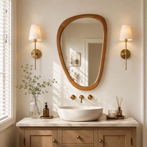 Solid Wood 30"x20" Irregular Asymmetrical Mirror, Japandi Boho Organic Shaped Decorative Accent Mirror, Small Natural Honey Walnut Wooden Wall-Mounted Mirror, Warm Walnut - color: Walnut, size: 30"L x 20"W