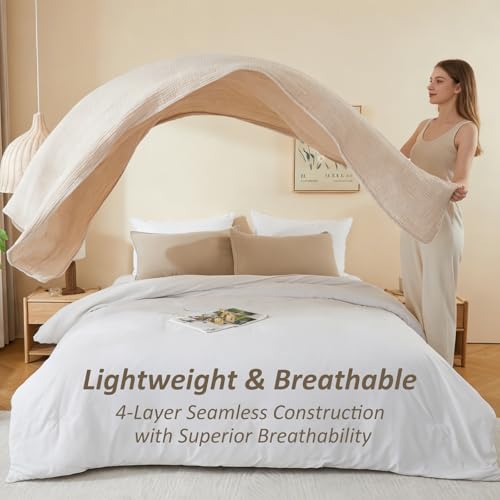 EMME Cotton Muslin Throw Blanket Couch Breathable Gauze Soft Lightweight Bed Blankets Adults (Heather Beige, 50"x60") - color: 03 - Beige, size: Throw (50" X 60")