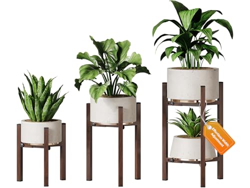 3 Pack Plant Stand Indoor Adjustable, Metal Modern Indoor Plant Stand, Heavy Duty Single Plant Stands Outdoor Corner, Stable Plant Holder Indoor Stand, Fits 8 to 12 Inches Pots, Walnut Wood-Grain - color: Walnut Wood-Grain, size: 3 Pack