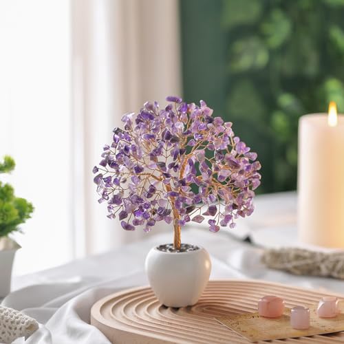 Amethyst Stone Chakra Crystal Tree Money Tree Feng Shui Gemstone Tree of Life with Pot Base, Good Luck Trees Christmas Home Office Desk Crystal Decor Ornament Stress Relief, Spiritual Insight - color: Amethyst Copper Wire