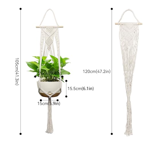 USLAI Macrame Plant Hanger Indoor Outdoor, Fits 4 to 12 Inch Pots, Hanging Planter Holder with Dowel Rod and Tassels, Boho Home Decor, 47+47 Inch, Ivory (POTS NOT Included) - color: Ivory, size: 47+47 Inch