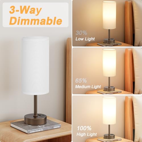 Dicoool Bedside Touch Table Lamps for Bedroom Nightstand with USB-C USB-A Charging Ports, White & Brown 3 Way Dimmable Small Desk Lamp for Office, Living Room, Reading, Dorm - color: White-Brown, size: 14in
