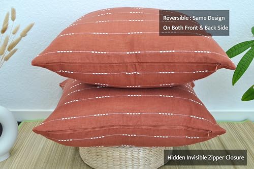 Modern Cotton Pillow Covers 18 x18 inches Terracotta/Woven Loom Stripe Pattern Contemporary Luxury Cushion Covers Burnt Orange/Simple Throw Pillow Cases for Living Room Sofa, Couch, Bed, Set of 2 - color: Rust Brown, size: 18" x 18" (Pack of 2)