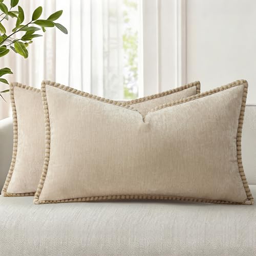 decorUhome Fall Chenille Soft Cozy Throw Pillow Covers 12x20 Set of 2, Modern Farmhouse Boho Velvet Decorative Pillow Cases with Stitched Edge for Couch Sofa Bed Home Decor, Beige - color: Beige, size: 20" x 12" (Pack of 2)