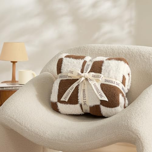 Snuggle Sac Brown Checkered Throw Blanket Faux Fur Microfiber Blankets for Couch,Cozy Soft Warm Blanket for Sofa Bedroom Living Room,Brown Checker,50x60 inches - color: Brown White, size: Throw(50"x60")