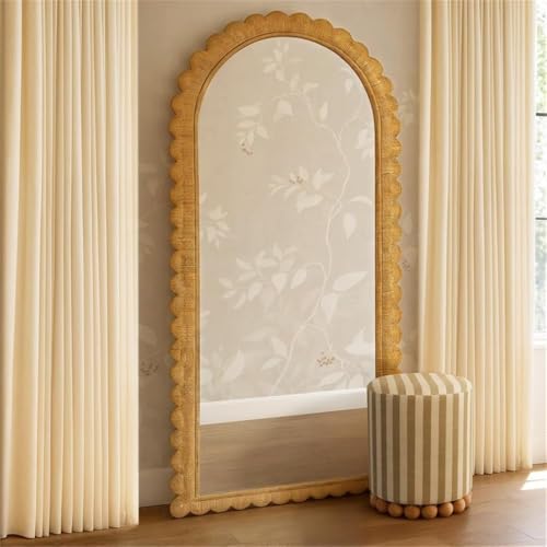 Pemberly Row Jumbo Arched Wall Mirror, Handwoven Natural Rattan Frame, Contemporary Design, 48" W x 79" H, Coastal Style Floor Mirror for Entryways, Bedrooms, or Living Spaces