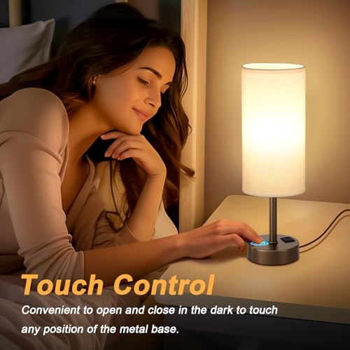 Dicoool Bedside Touch Table Lamps for Bedroom Nightstand with USB-C USB-A Charging Ports, White & Brown 3 Way Dimmable Small Desk Lamp for Office, Living Room, Reading, Dorm - color: White-Brown, size: 14in