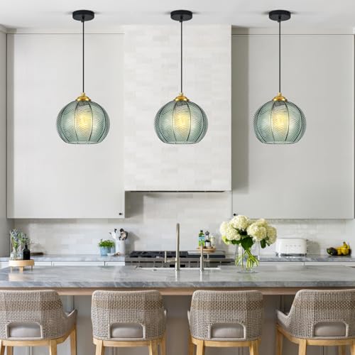Mikeru 3-Pack Mint Glass Pendant Lights Kitchen Island Lighting Single Globe Pendant Light Fixtures Century Modern Kitchen Island Pendant Lighting for Bedroom Living Dining Room Light (Without Bulbs) - color: Mint-1 Light-3PC