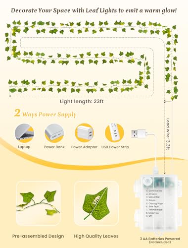 YOUNGAR Ivy Vines with Fairy Lights, Battery/USB Operated Leaf String Warm White Lights, 23FT 73LED Vine Lights with Remote for Bedroom Garland Wedding Birthday Garden Party Wall Room Headboard Decor - color: Ivy (Warm White), size: 73 LED-USB/Battery Rem