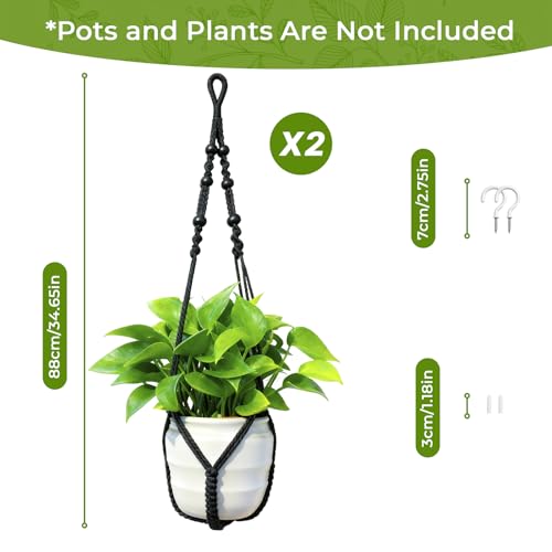 Macrame Plant Hanger, Up to 4-15 inch Pots, Wood Beads Cotton Hanging Planter Holder for Indoor Outdoor Boho Home Decor, 35 Inch, Set of 2 (Black) - color: Black
